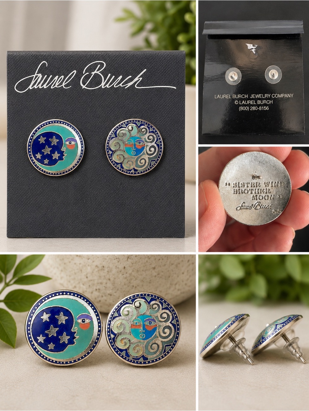 Vintage Laurel Burch Celestial Sun & Moon Enamel Stud Earrings Signed 1999 - Picture 2 of 2
